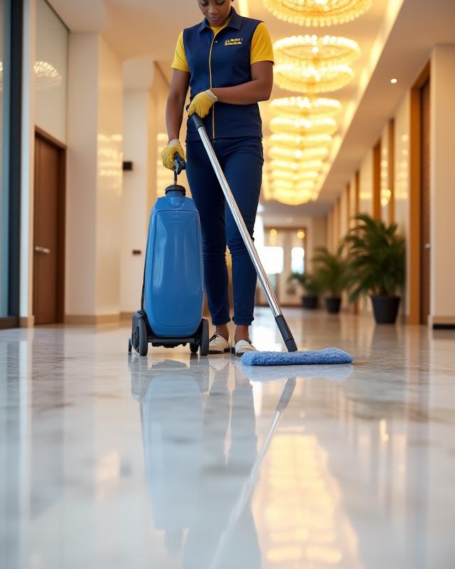 Team of professional cleaners impeccably cleaning a large, modern lobby space in Lagos.