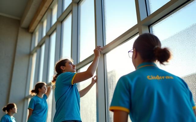 Image of a cleaning team dusting fixtures in a new, bright building interior